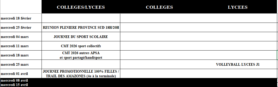 Calendrier prévisionnel